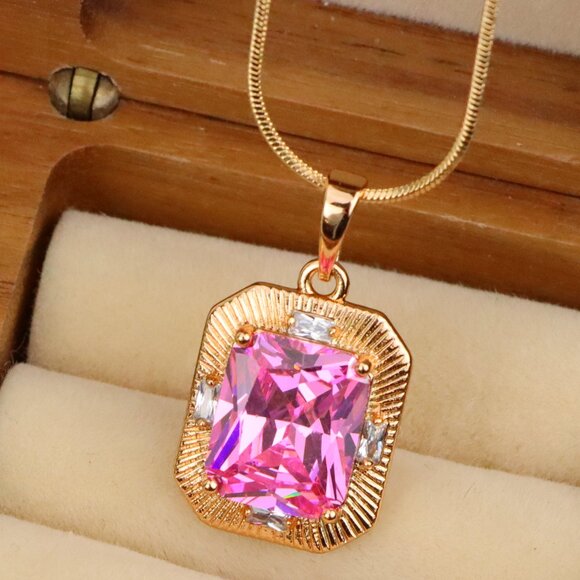 "Pink Sparkling Pendant with Gold Frame and Baguette Accents, XPPT1788 - Picture 1 of 11